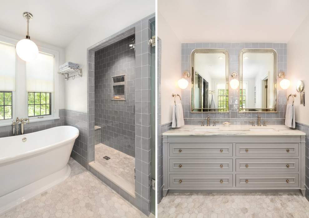 Mid-sized elegant master gray tile and porcelain tile marble floor, gray floor and double-sink bathroom photo in Milwaukee with recessed-panel cabinets, gray cabinets, a one-piece toilet, white walls, an undermount sink, marble countertops, a hinged shower door, white countertops and a built-in vanity