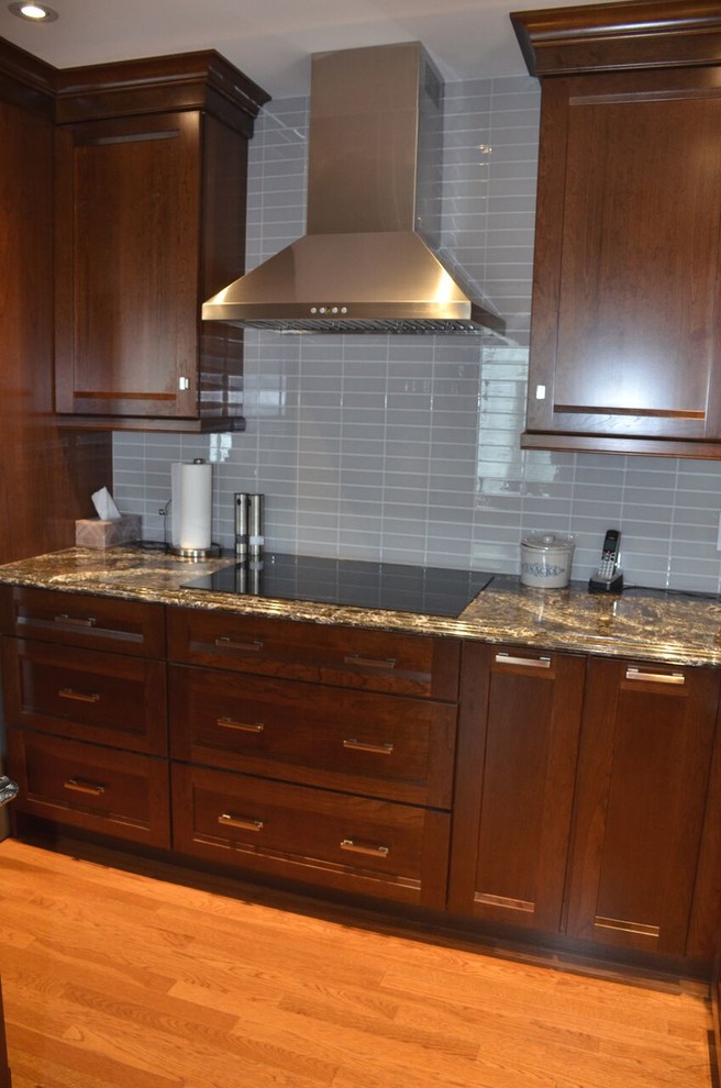 Example of a large transitional l-shaped medium tone wood floor open concept kitchen design in Toronto with an undermount sink, recessed-panel cabinets, dark wood cabinets, quartzite countertops, gray backsplash, glass tile backsplash, stainless steel appliances and an island