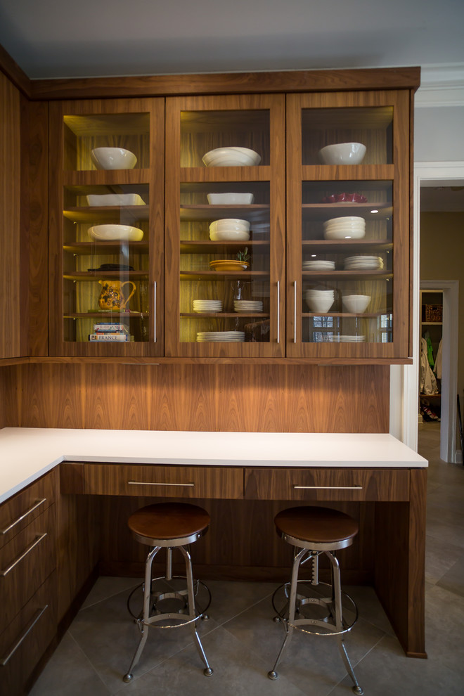 Inspiration for a large transitional l-shaped beige floor open concept kitchen remodel in DC Metro with flat-panel cabinets, medium tone wood cabinets, brown backsplash, wood backsplash, stainless steel appliances and an island