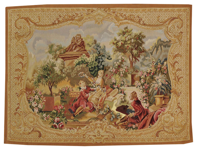 Hand Woven Wall Hanging Aubusson Tapestry 100% Wool Pictorial Design - Victorian - Tapestries 