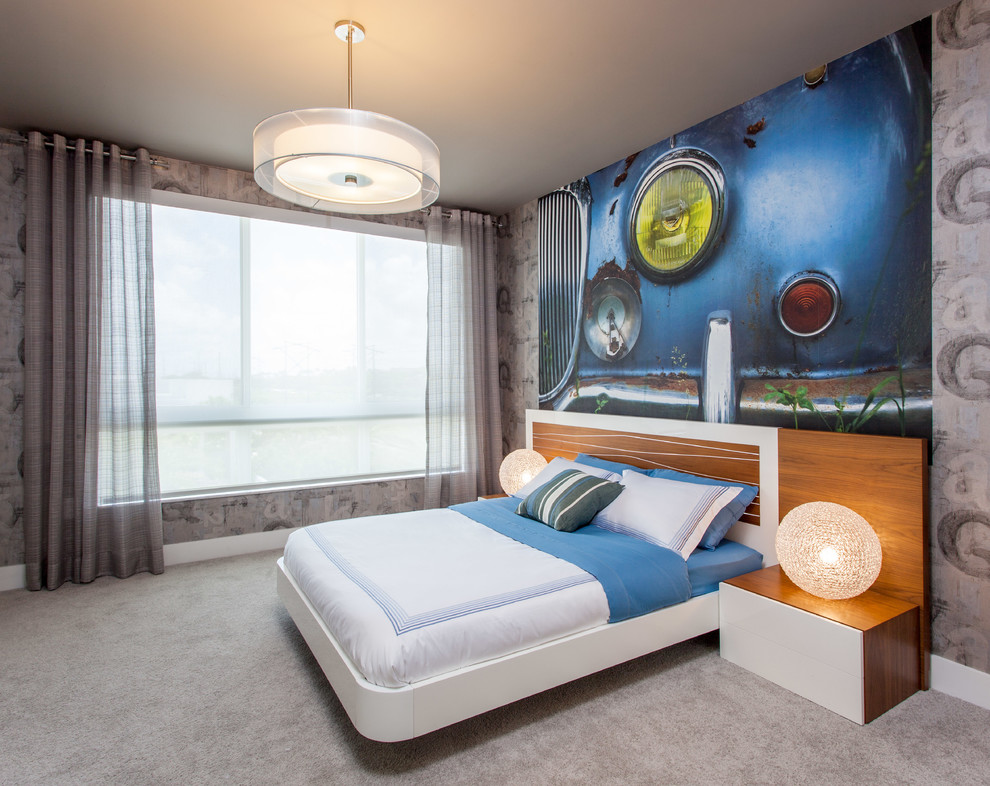 Inspiration for a large modern guest carpeted bedroom remodel in Miami with no fireplace