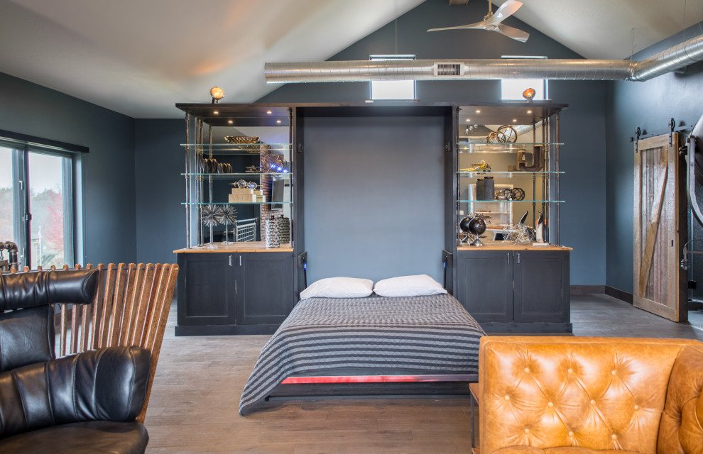 Diseño de dormitorio abovedado y tipo loft minimalista de tamaño medio sin chimenea con paredes azules, suelo de madera oscura y suelo marrón