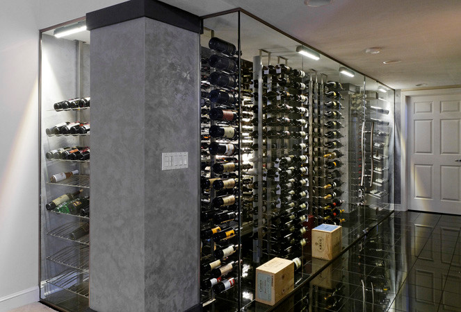 This is an example of a mid-sized modern wine cellar in Salt Lake City with storage racks.