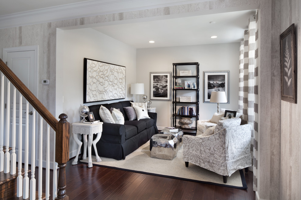 Inspiration for a transitional formal open concept living room in DC Metro with white walls, dark hardwood floors and no tv.
