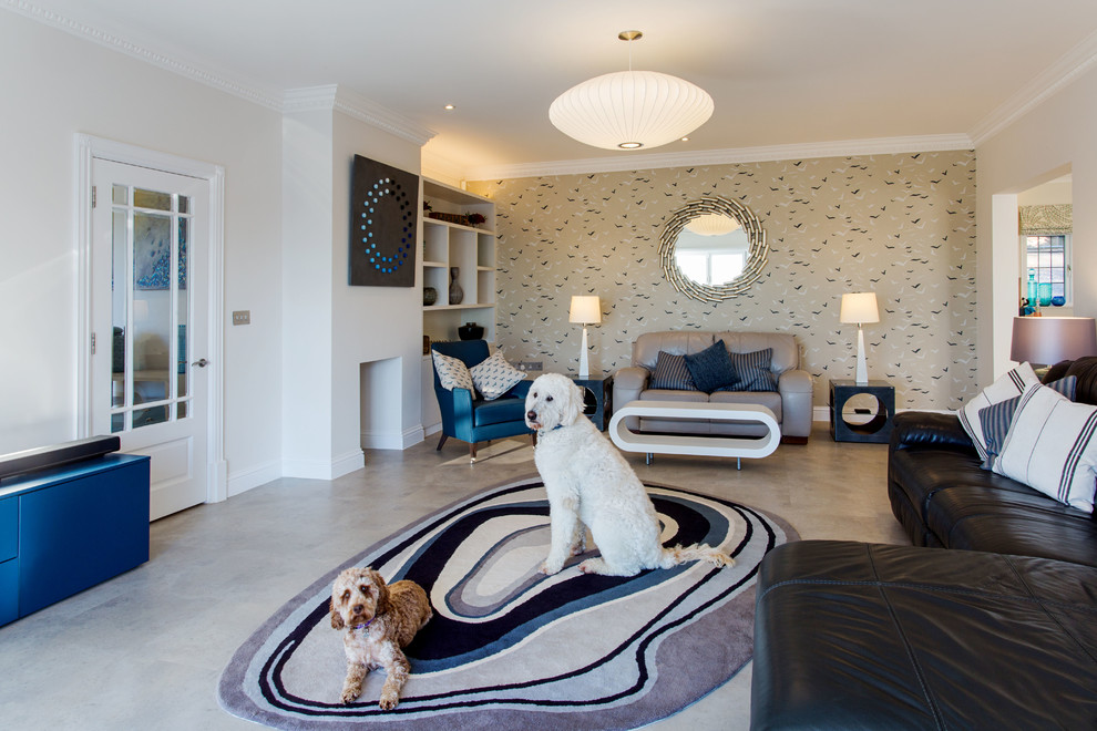 Design ideas for a contemporary living room in Oxfordshire with white walls, porcelain flooring, grey floors, a wallpapered ceiling and wallpapered walls.