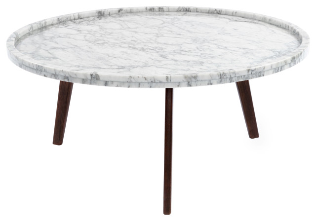 Cassara 31 Round Italian Carrara White Marble Coffee Table With Walnut Legs Midcentury Coffee Tables By Makers