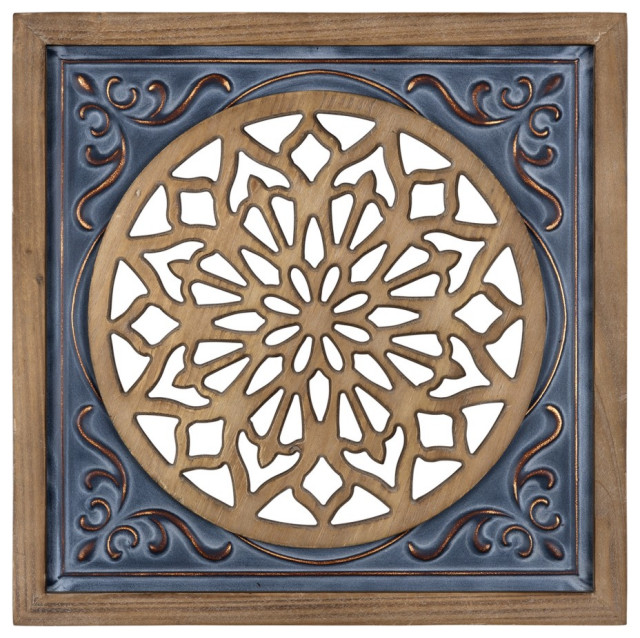 Blue Ethnic Wood and Metal Square Wall Plaque - Traditional - Wall