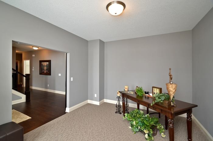 Example of a mid-sized transitional carpeted home design design in Minneapolis with gray walls