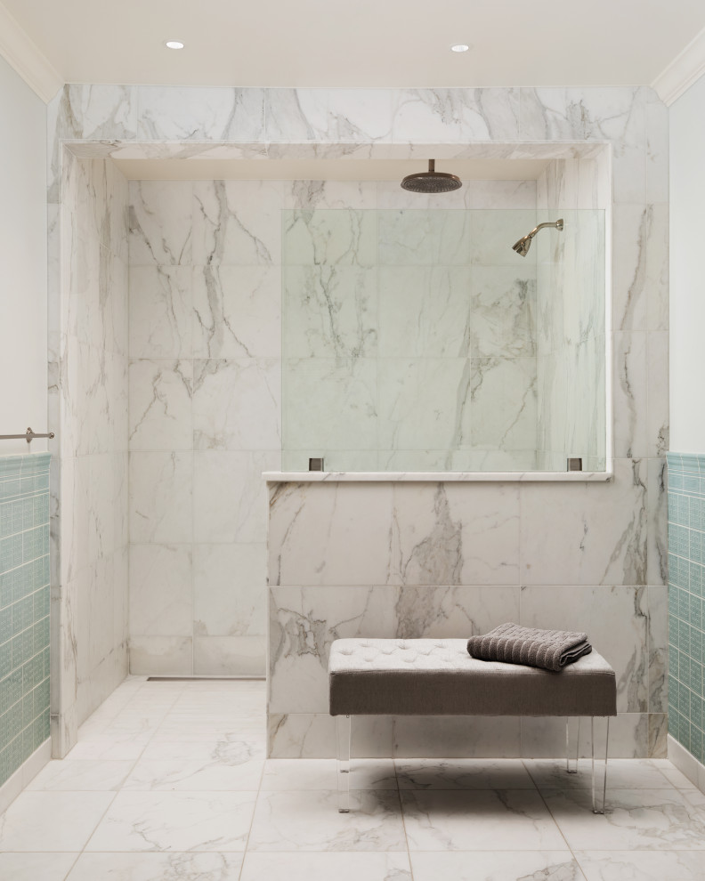 Mid-sized contemporary 3/4 bathroom in Portland with an alcove shower, white tile, white walls, white floor, an open shower, marble floors and marble.