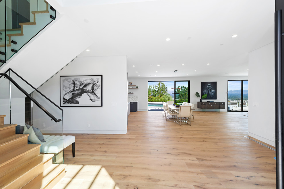 Large contemporary foyer in Los Angeles with white walls, light hardwood floors, a pivot front door and a glass front door.
