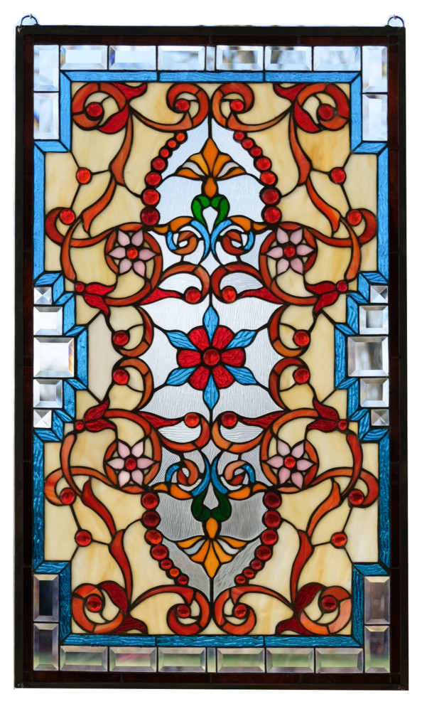 20.5"W x 34.5"H Handcrafted Jeweled Beveled stained glass window panel 