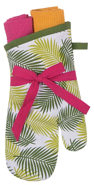 Paradise Palm Fronds Kitchen Oven Mitt and Towels Gift Set Three Piece