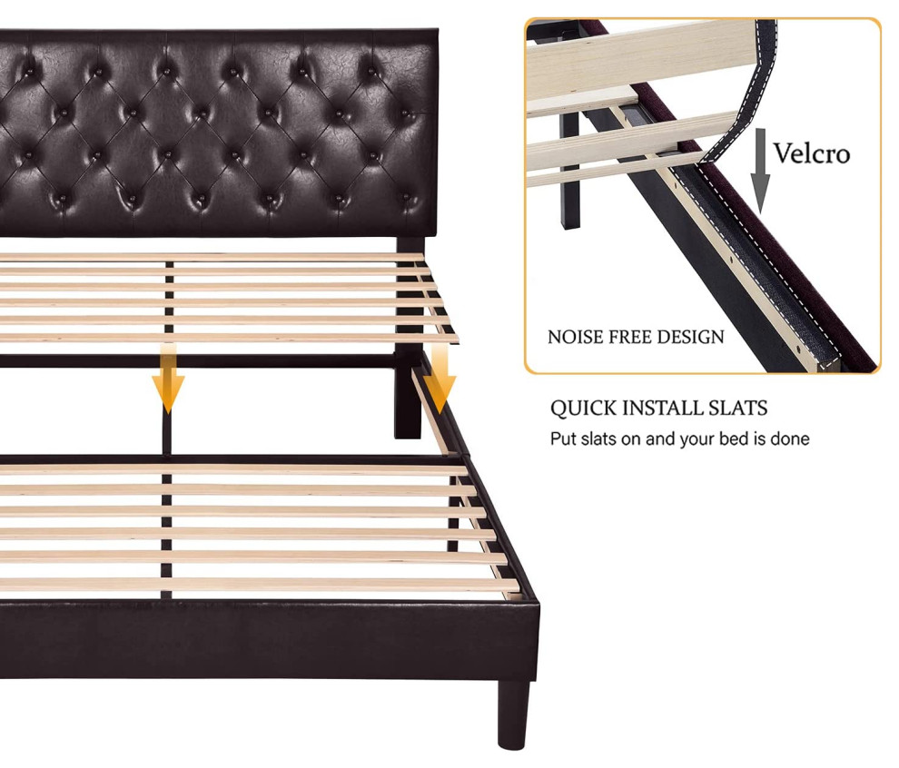 Queen Size Platform Bed Frame with Button Tufted Headboard