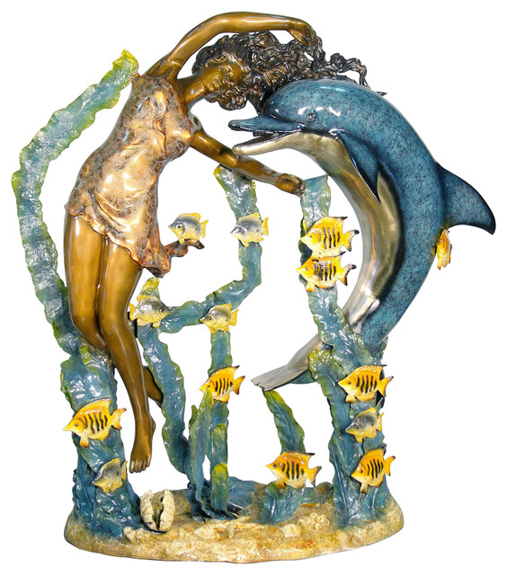 Mermaid And Dolphin Aquatic Scene Bronze Sculpture Special Patina