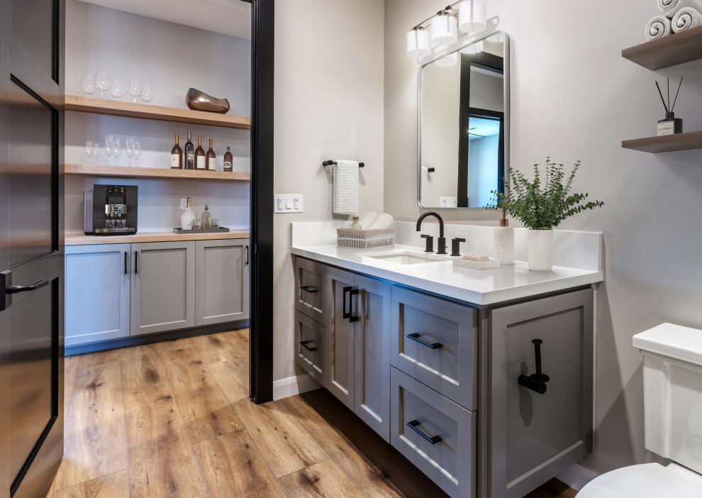 Gray Wood Vanity & Built In Beverage Station Bathroom | French Country Transitio