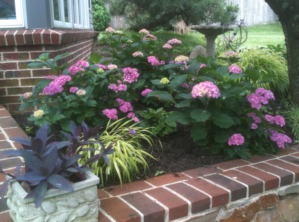 Photo of a small transitional shade backyard brick landscaping for summer.