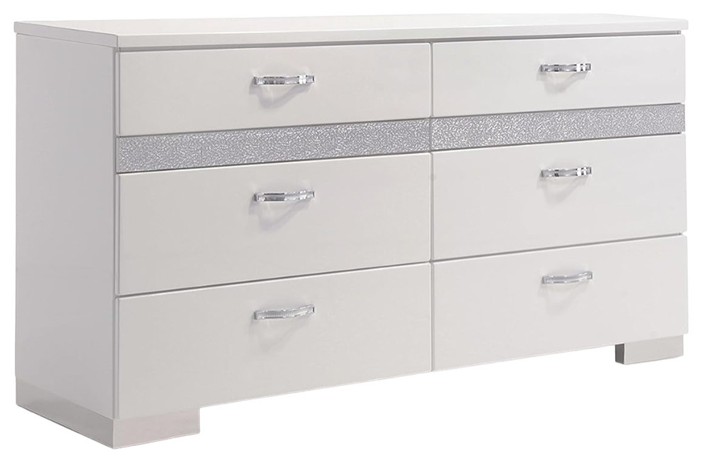 Modern Glossy White Double Dresser with 6 Drawers and Hidden Jewelry