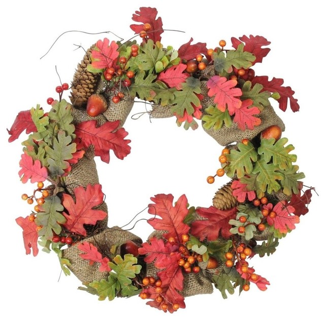 18" Autumn Harvest Acorn Berry and Burlap Rustic Thanksgiving Wreath, Unlit