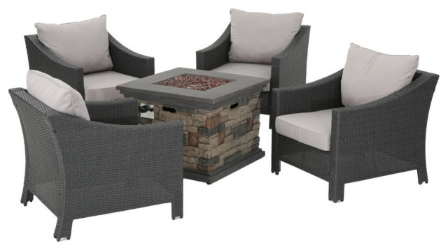 GDF Studio 5-Piece Andrew Outdoor Gray Wicker Chat Set With Stone Fire Pit, Gray