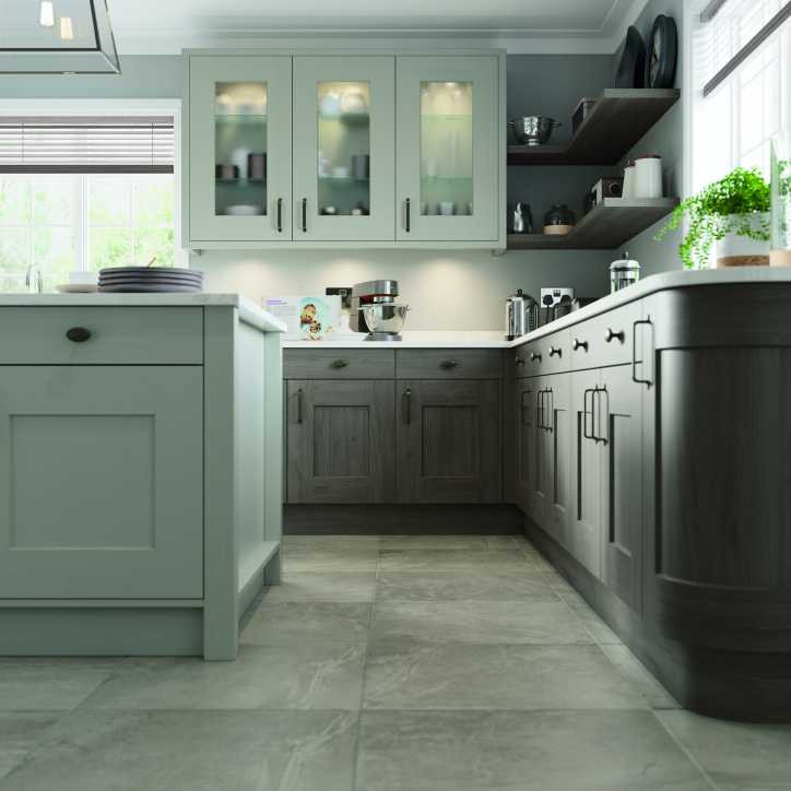 Inspiration for a mid-sized contemporary u-shaped open plan kitchen in Cheshire with a drop-in sink, shaker cabinets, grey cabinets, quartzite benchtops, grey splashback, coloured appliances, marble floors, with island, grey floor and white benchtop.