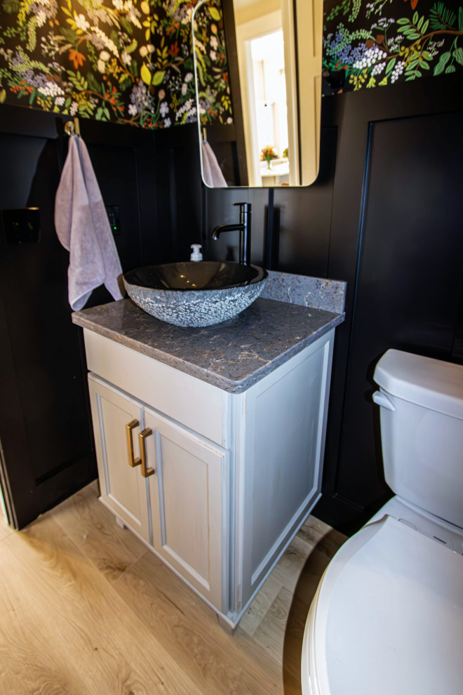 Small classic cloakroom in Cleveland with freestanding cabinets, grey cabinets, a two-piece toilet, black walls, a vessel sink, engineered stone worktops, grey worktops and a built in vanity unit.