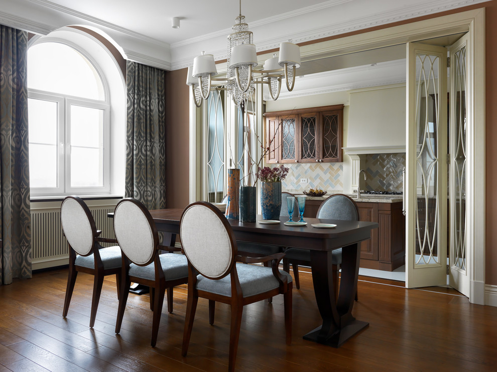 Inspiration for a mid-sized transitional separate dining room in Moscow with brown walls, medium hardwood floors, no fireplace and brown floor.
