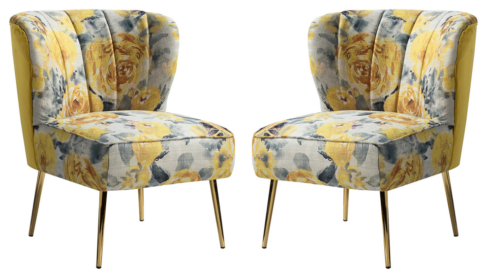 Upholstered Accent Side Chair With Tufted Back Set of 2, Yellow