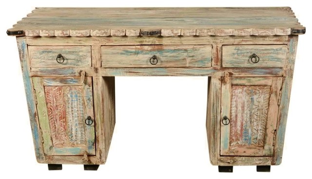 Rustic Reclaimed Wood Scalloped Edge Executive Desk With Drawers