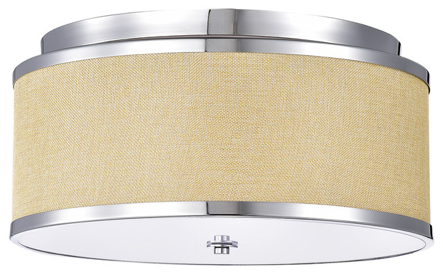 3 Light Linen Chrome Drum Shade Flush Mount Light Coastal Lighting