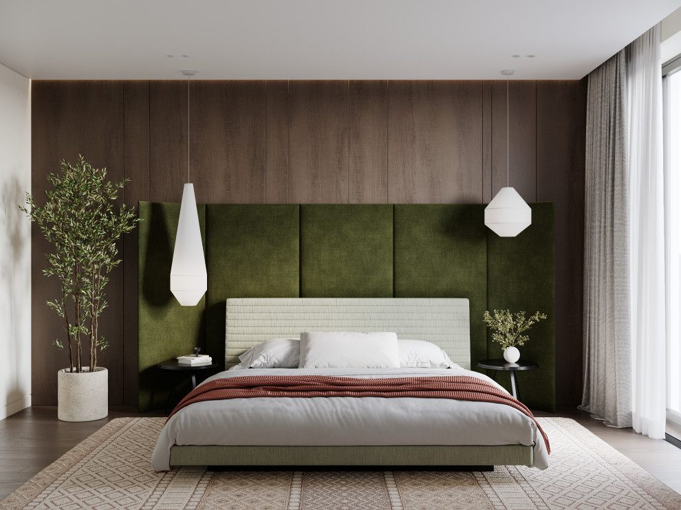 Визуализация интерьера спальни с зелеными акцентами