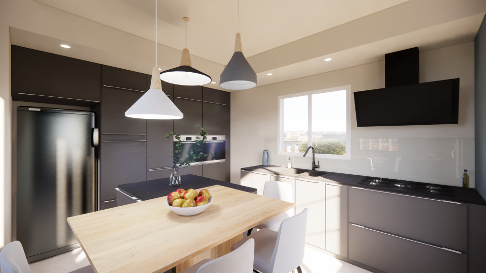 Inspiration for a mid-sized modern l-shaped separate kitchen in Other with an undermount sink, flat-panel cabinets, grey cabinets, wood benchtops, white splashback, glass tile splashback, panelled appliances, ceramic floors, with island, grey floor and grey benchtop.