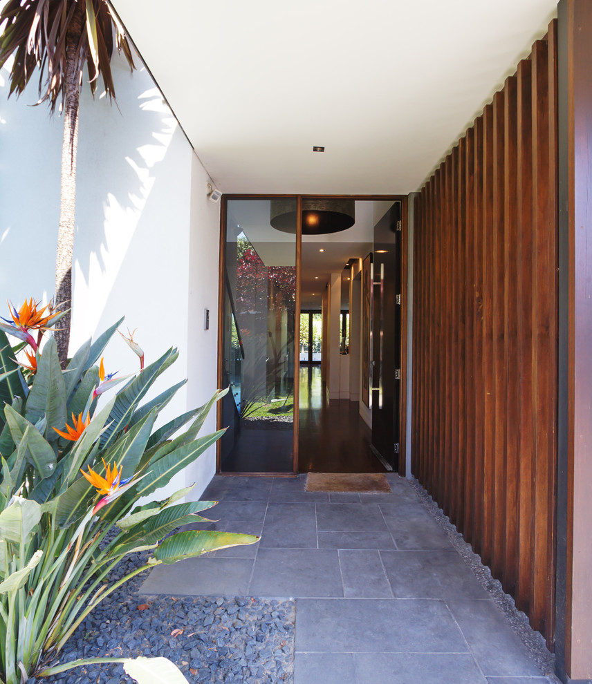 This is an example of a contemporary front door in Melbourne with white walls, granite floors, a single front door, a dark wood front door and grey floor.