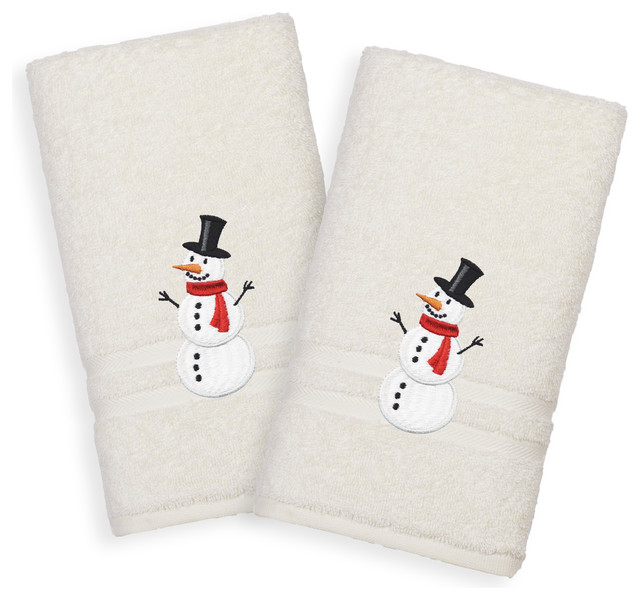 Embroidered Snowman Cotton Denzi Hand Towels, Set of 2 Contemporary