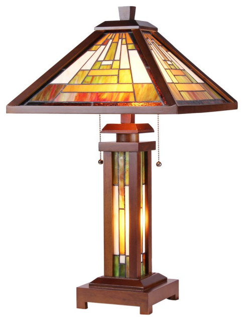 GAWAIN Tiffany-style Mission 3 Light Double Lit Wooden Table Lamp 15 Shade