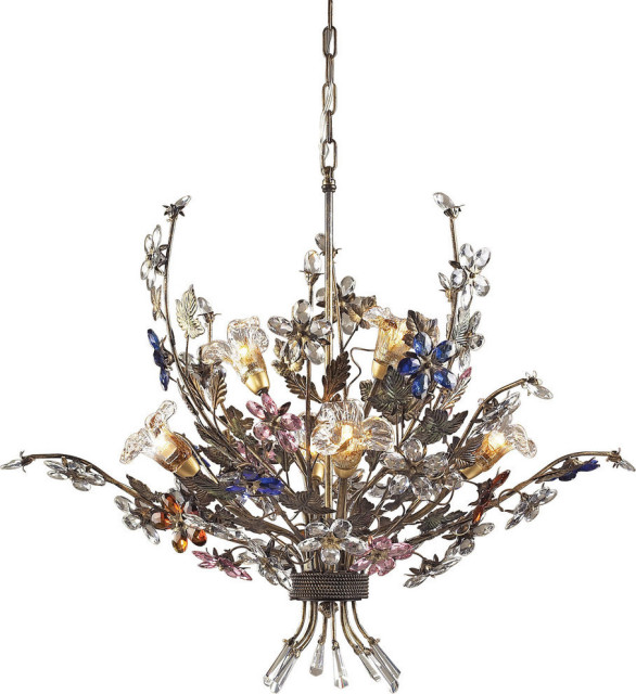 Brillare 6-Light Chandelier, Bronzed Rust And Multi Colored Crystal Florets