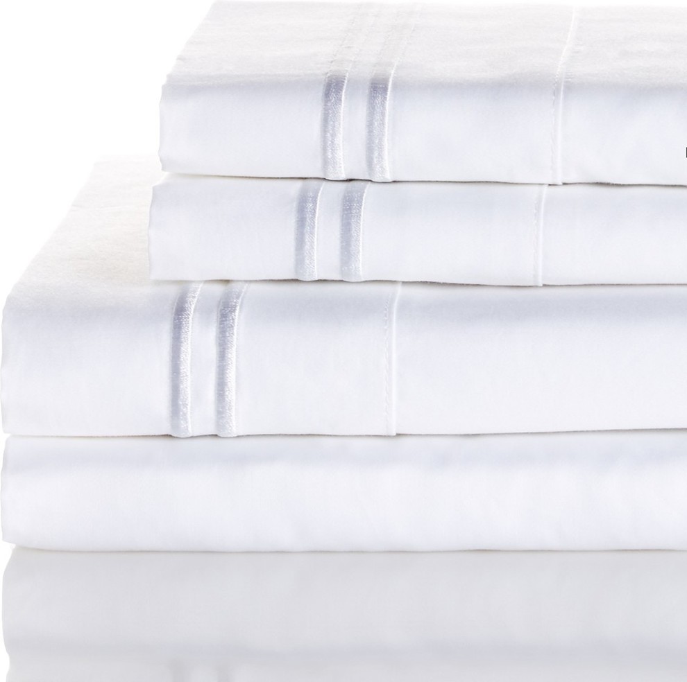 600 Thread Count 100% Cotton 2 Bonder Sheet Set, White on White, Queen