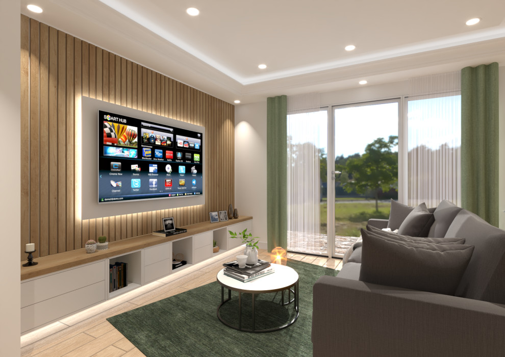 Идея дизайна: открытая гостиная комната среднего размера, в белых тонах с отделкой деревом в современном стиле с белыми стенами, паркетным полом среднего тона, телевизором на стене, многоуровневым потолком и деревянными стенами