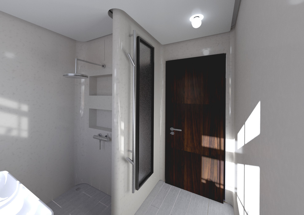 This is an example of a small contemporary wet room bathroom in London with flat-panel cabinets, white cabinets, a wall-mount toilet, grey walls, terra-cotta floors, a drop-in sink, solid surface benchtops, multi-coloured floor, an open shower, grey benchtops, a single vanity, a built-in vanity and recessed.