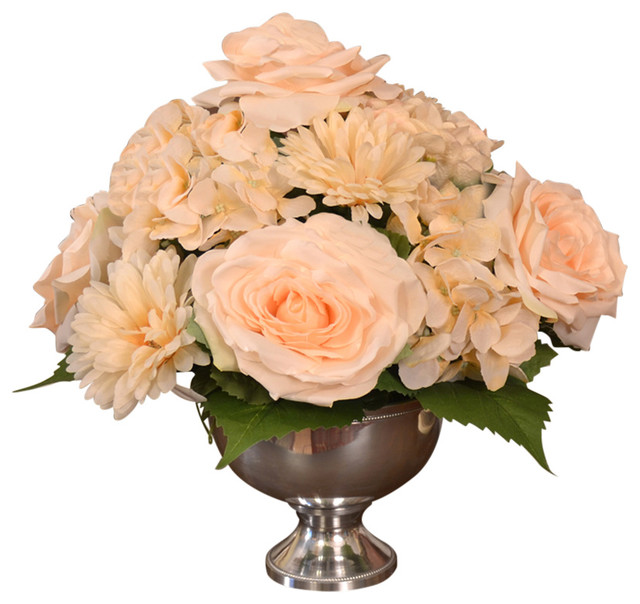 Cream Rose and Hydrangea Flower Arrangement in Silver Bowl Victorian