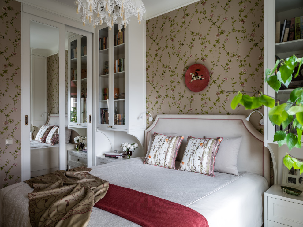 This is an example of a mid-sized transitional master bedroom in Moscow with beige walls, no fireplace and wallpaper.