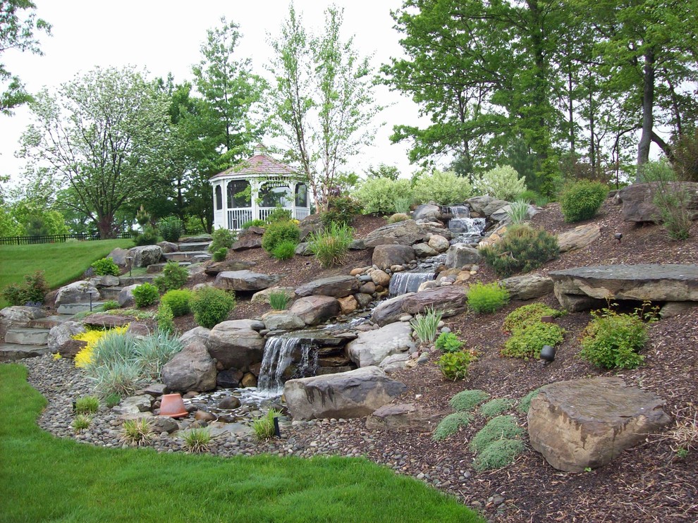 Design ideas for a large transitional backyard partial sun garden in New York with with pond and mulch.