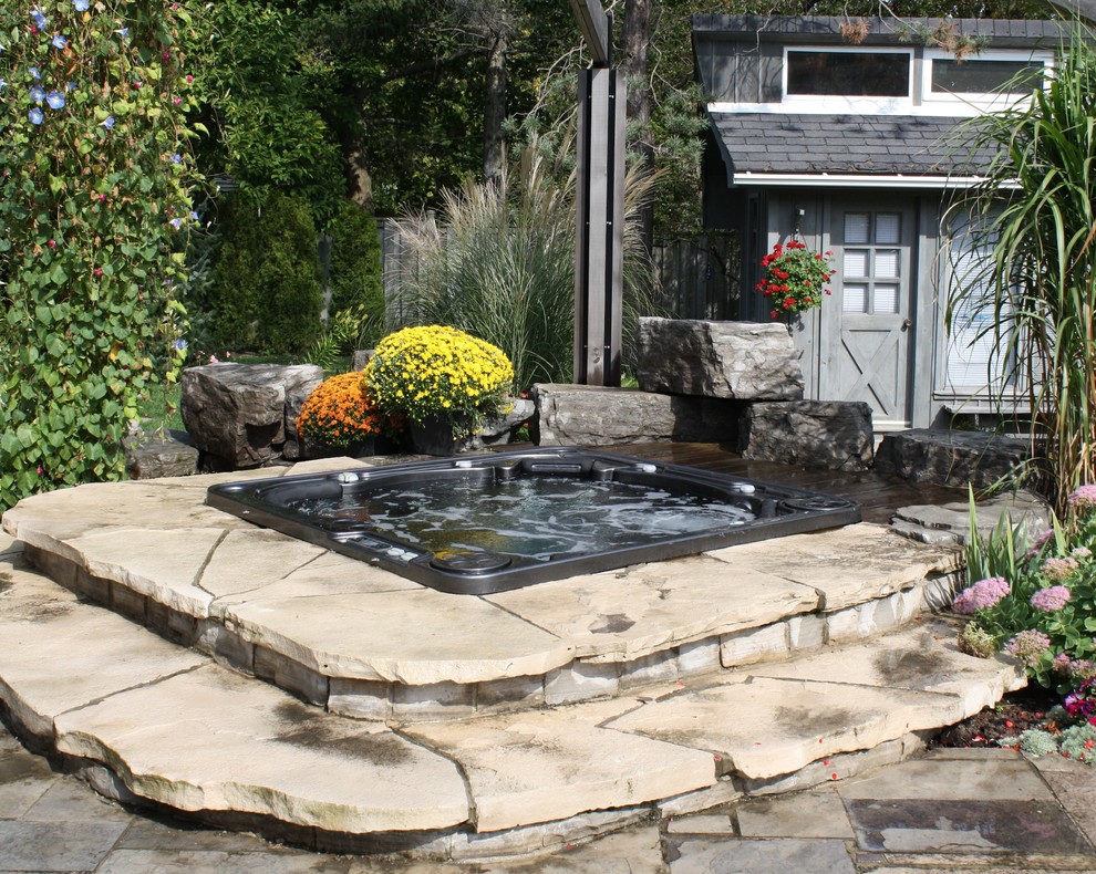Design ideas for a small country backyard rectangular pool in Toronto with a hot tub and natural stone pavers.