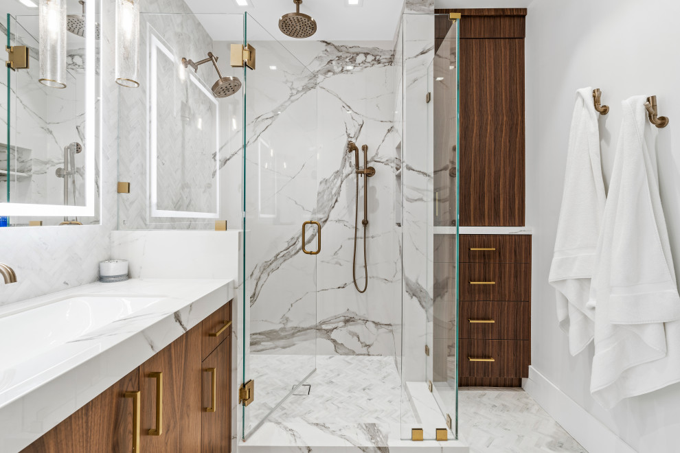 Bathroom - contemporary bathroom idea in Orange County with medium tone wood cabinets