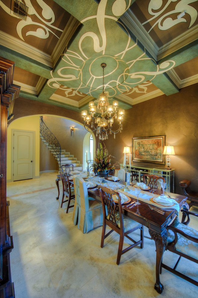 Large traditional dining room in Austin with brown walls, travertine floors and beige floor.