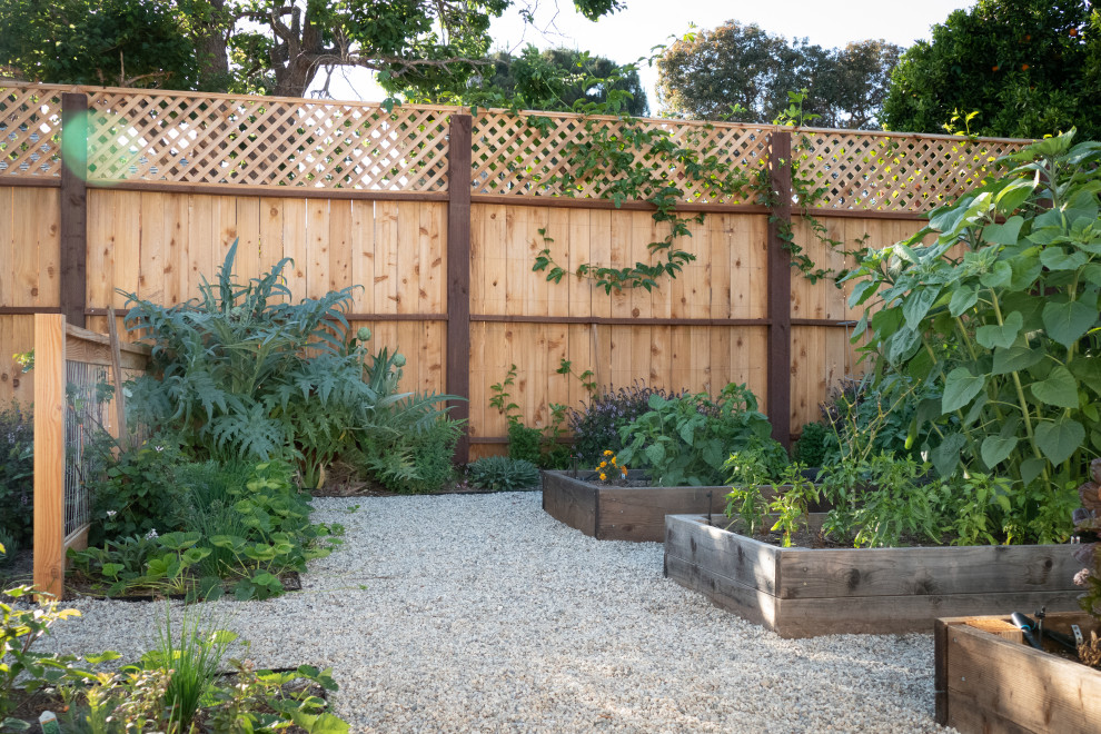Réalisation d'un jardin arrière minimaliste de taille moyenne et au printemps avec une exposition ensoleillée, du gravier et une clôture en bois.