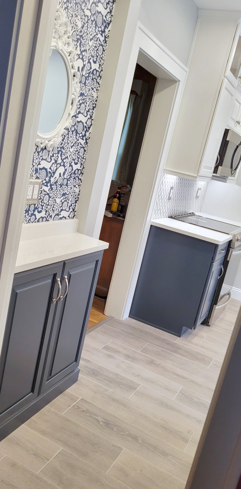 Inspiration for a porcelain tile enclosed kitchen remodel with quartz countertops, mosaic tile backsplash, stainless steel appliances and no island