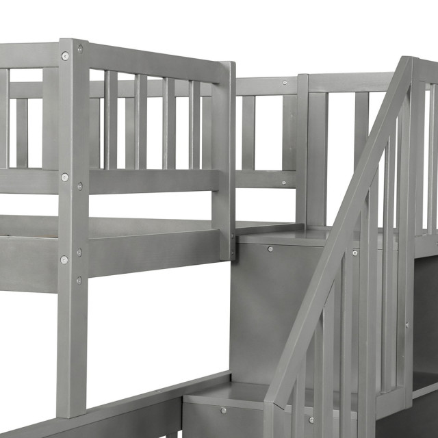 Gray Twin Over Full Farmhouse Style Bunk Bed With Staircase ...