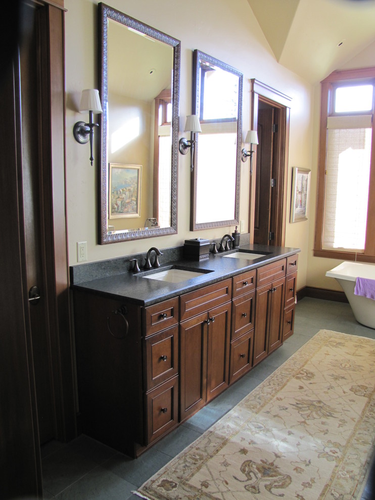 Freestanding bathtub - mid-sized transitional master freestanding bathtub idea with recessed-panel cabinets