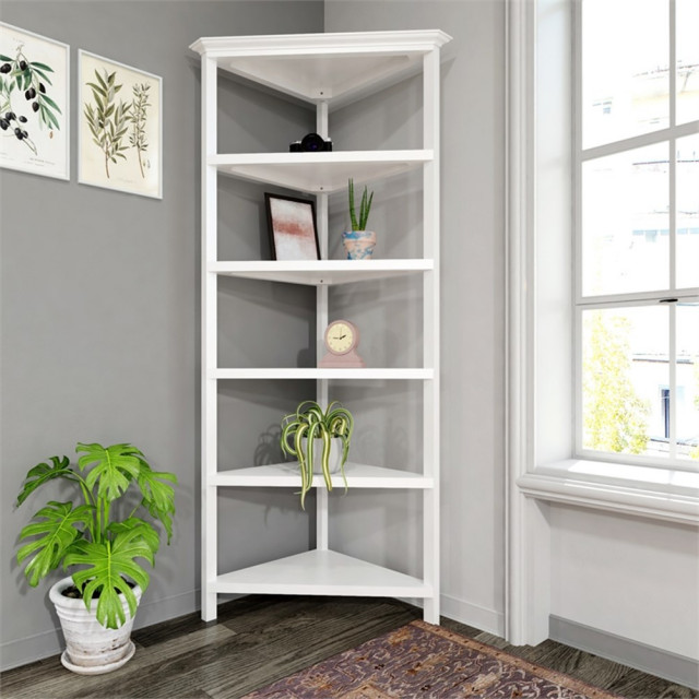 New Ridge Home Goods 5Shelf 75"H Corner Wood Bookcase in White