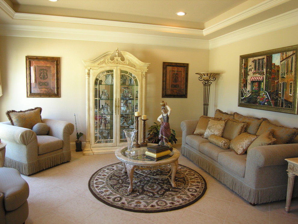This is an example of a traditional enclosed living room in Houston with beige walls, ceramic floors and no fireplace.